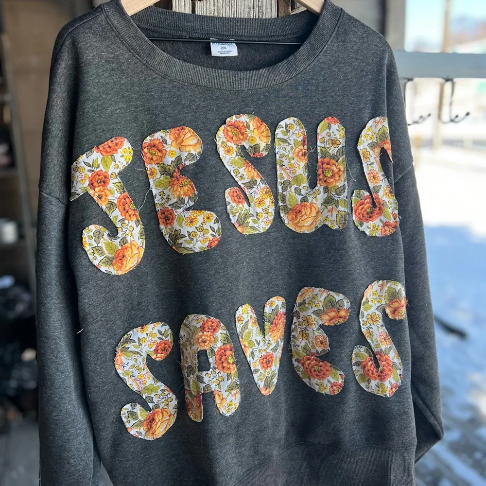 Jesus Saves Patchwork Crewneck Gray Letters Floral Orange Yellow - Picture 1 of 5